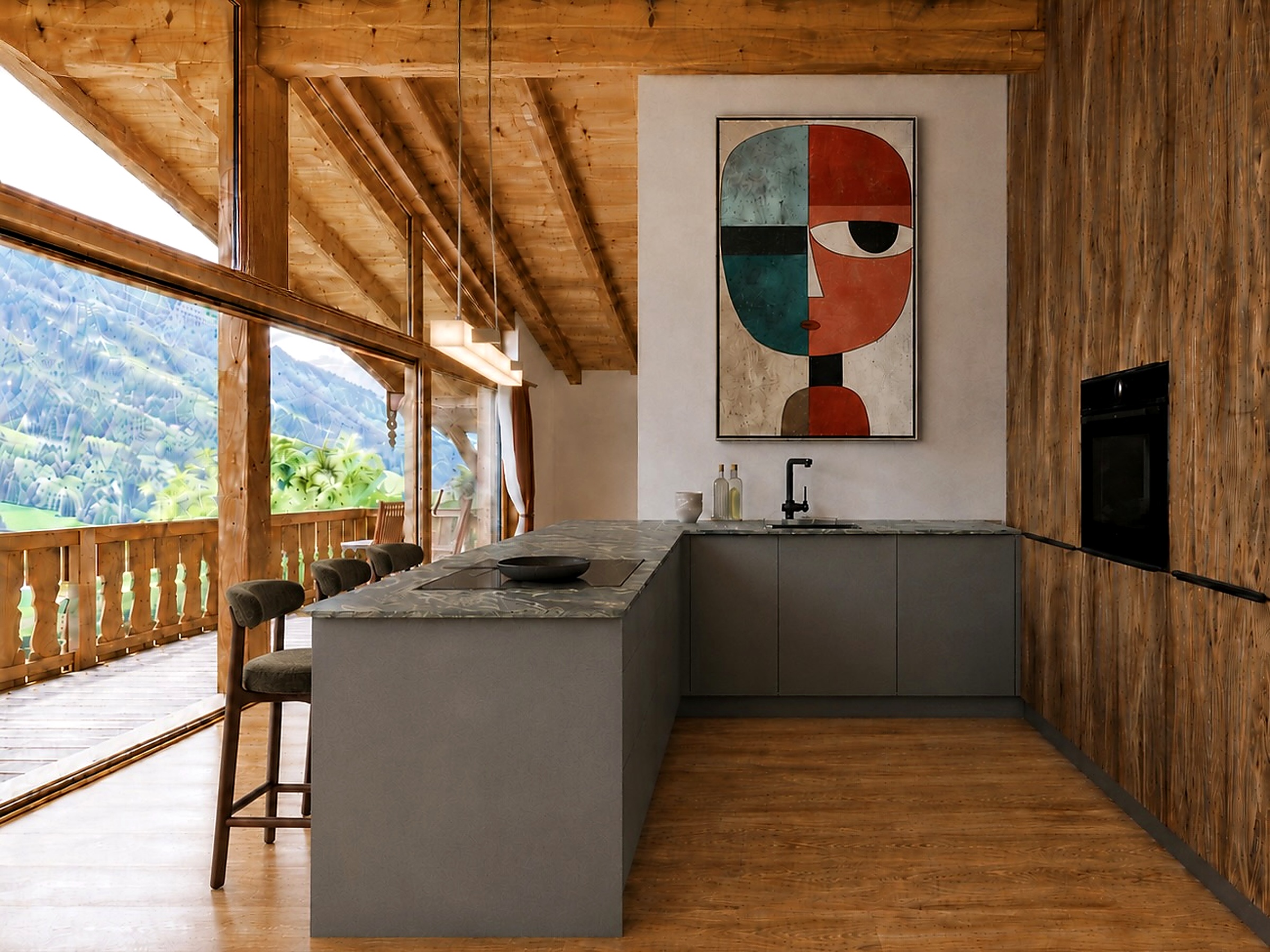 3D-Visualisierung Küche mit Kücheninsel — Chalet Gams AlpenPura Neukirchen am Großvenediger