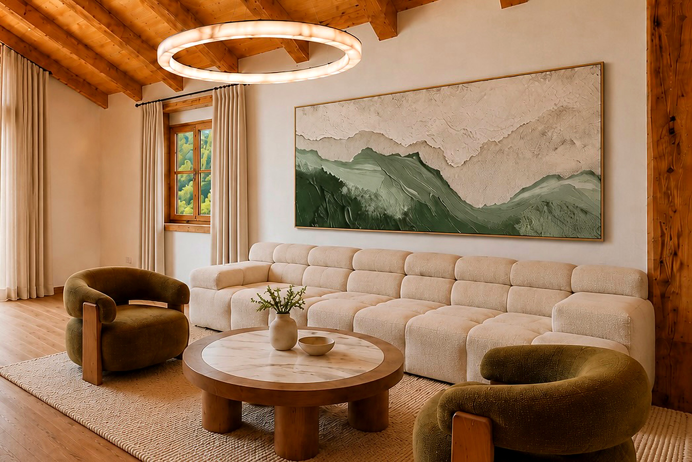 Chalet Gams Wohnbereich — 3D-Visualisierung AlpenPura Boutique Chalets Neukirchen